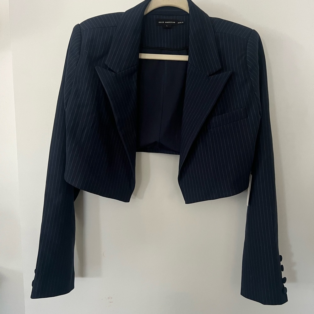 Good American Cropped Navy Pinstripe Blazer - Picture 2 of 5